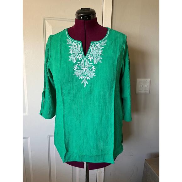 Alfred Dunner Cold Shoulder Tunic Blouse Top Split Neck Green Women's Si… - Picture 2 of 9